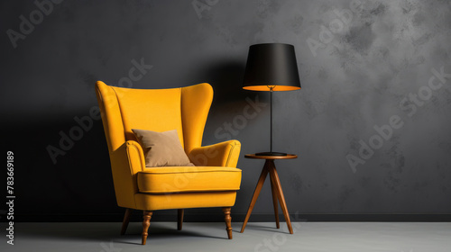 Modern yellow wingback chair with lamp and grey wall.