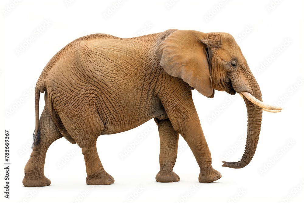 Side view of an African elephant in motion isolated on a white background.
