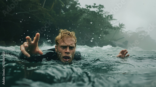 drowning in deep water, screaming, blonde male, reaching out for help, in tropical water wearing a wetsuit on a foggy day, blur effect in the backgraund
