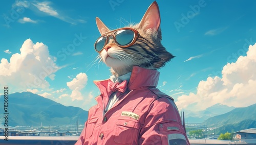 A cat wearing sunglasses and pink suit, with bow tie on necks of shirt, standing in front of green mountains under blue sky © Photo And Art Panda