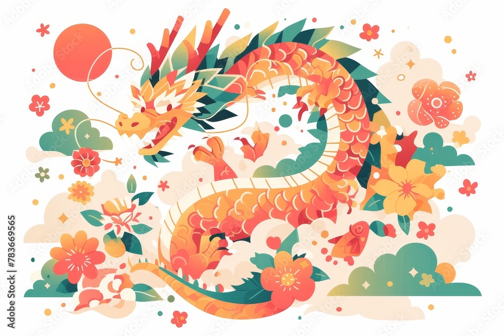 A Chinese dragon made of papercut art in a simple flat illustration style with a red and pink color scheme, surrounded by flowers and clouds