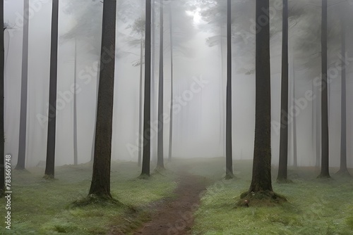 scorcio di foresta affascinante sotto la pioggia, natura mistica, leggera nebbia data dall'umidità, giovane ruscello the score Generative AI photo