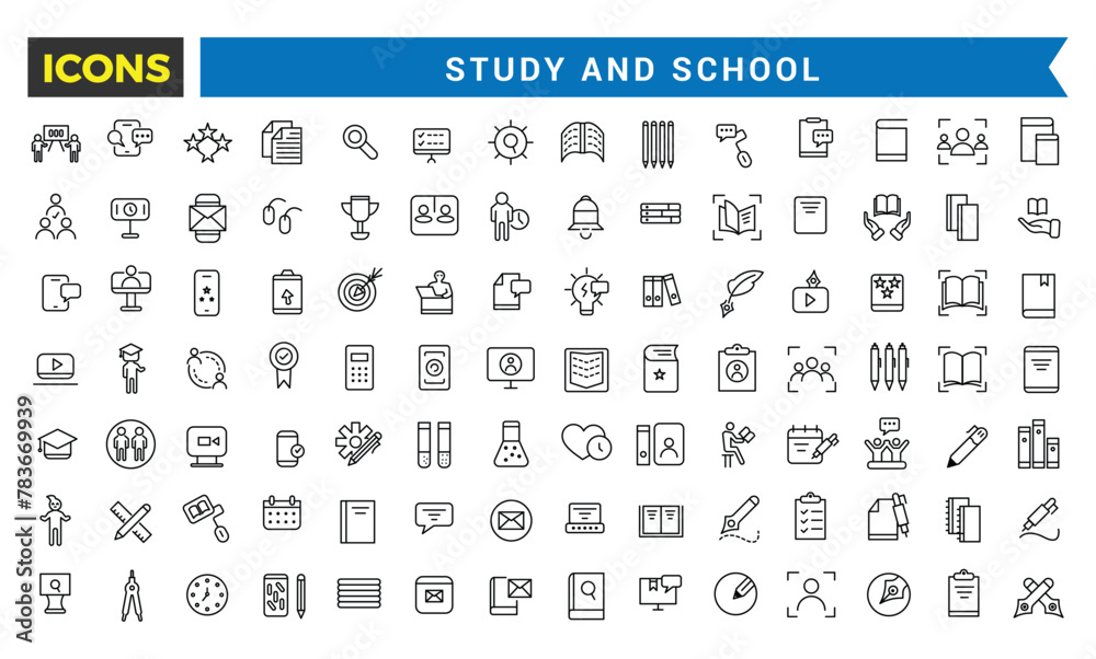 Study And School Line Icons Collection, Big Ui Icon Set In A Flat Design, Thin Outline Icons Pack, Vector Illustration