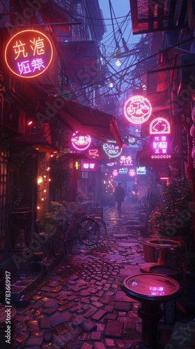 Cyberpunk street market, underground tech, neon signs, and shadowy figures 
