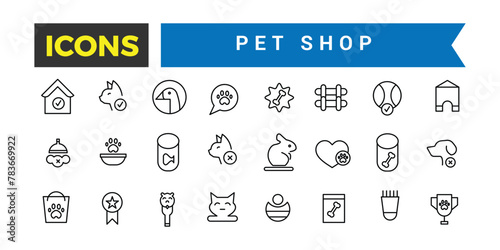 Pet Shop Icon Set, Set Of Cat And Dog, Cat Litter Box, Leash Collar, Canned Food, Pet Carrier, Vet, Animal Vaccination Certificate, Birdhouse Vector Icons, Vector Illustration