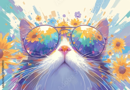 A colorful fluffy cat wearing sunglasses, with flowers on its head and in the background is an explosion of colors and shapes, creating a psychedelic effect photo