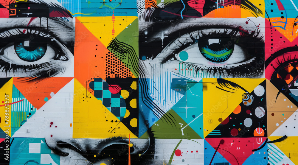 Street art mural graffiti depicting the face of an attractive woman with large eyes, surrounded by geometric patterns and vibrant colors. Street art mural graffiti depicting the face of an attractive woman with large eyes, surrounded by geometric patterns and vibrant colors.