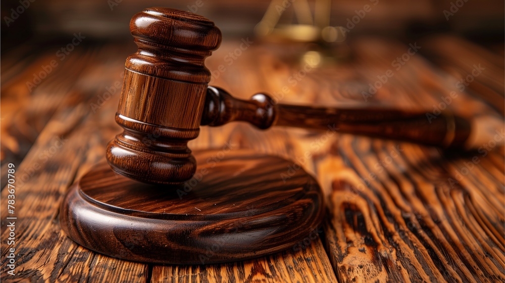 Wooden gavel on table in courtroom with legal symbols and Thai words Wooden gavel on table in courtroom with legal symbols and Thai words