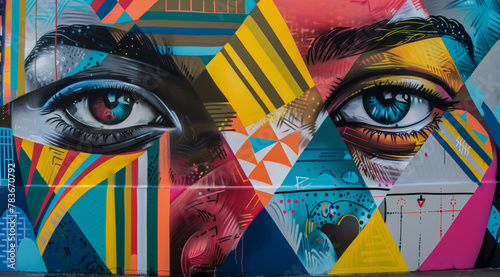 Street art mural graffiti depicting the face of an attractive woman with large eyes, surrounded by geometric patterns and vibrant colors.