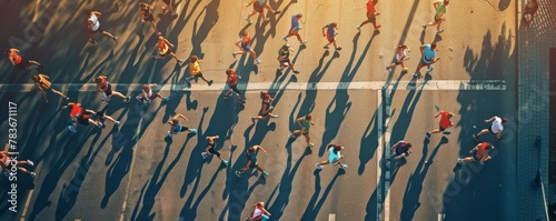 Runners running marathon on the road, top view.