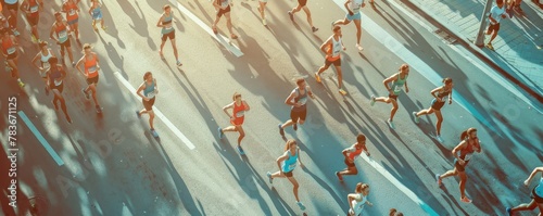 Runners running marathon on the road, top view.