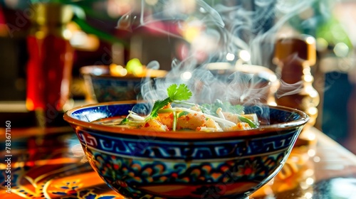 A steaming bowl of Tom Yum Goong, with its vivid colors and aromatic steam rising, set against a backdrop of traditional Thai decor.