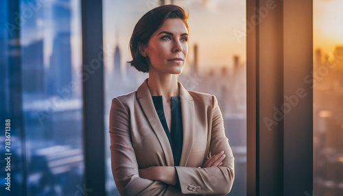 Portrait of a businesswoman in office standing in front of a skyline of a modern city, golden hour photo