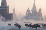 A group of wildebeest moves through a Russia snowy landscape. Climate change