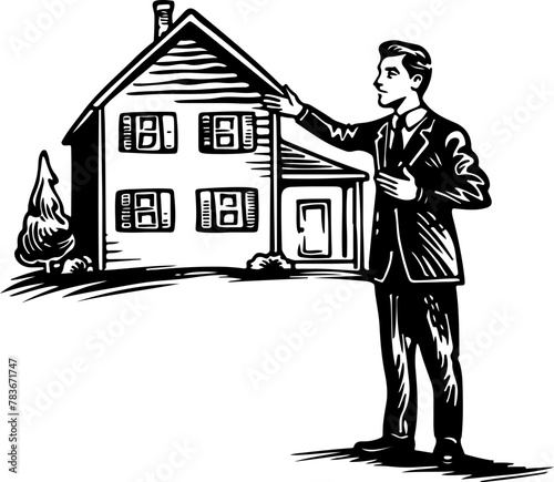 A visionary real estate developer gesturing towards a new home, suitable for construction, property development, and housing project themes.