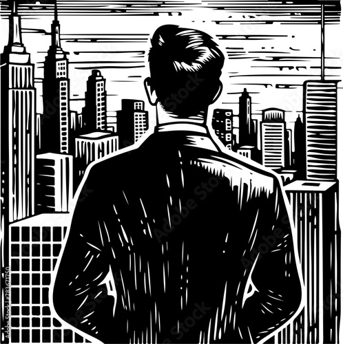 A striking silhouette of a businessman gazing out at a skyline, perfect for themes of ambition, future planning, and urban development.