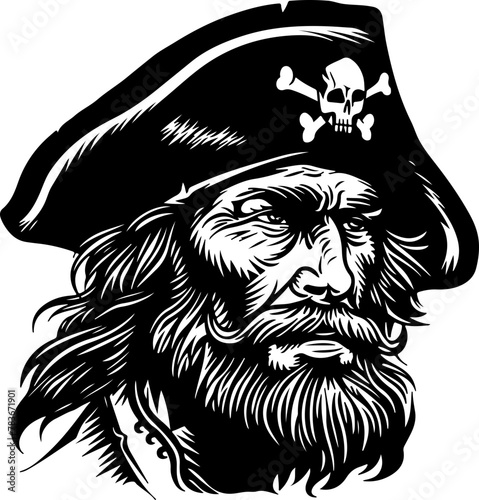 An intense black and white illustration of a pirate, marked with a skull on his hat, perfect for historical and adventure narratives