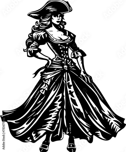 This striking black and white illustration showcases a confident pirate lady, ideal for historical fiction and thematic costume content