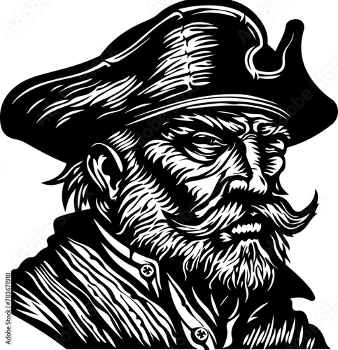 An intense black and white illustration of a pirate, marked with a skull on his hat, perfect for historical and adventure narratives