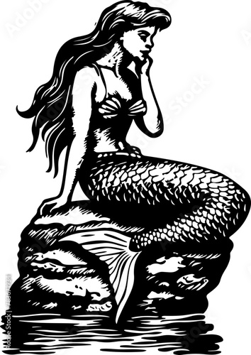 An illustration of a mermaid sitting on a rock by the sea, suitable for mythological themes or storytelling