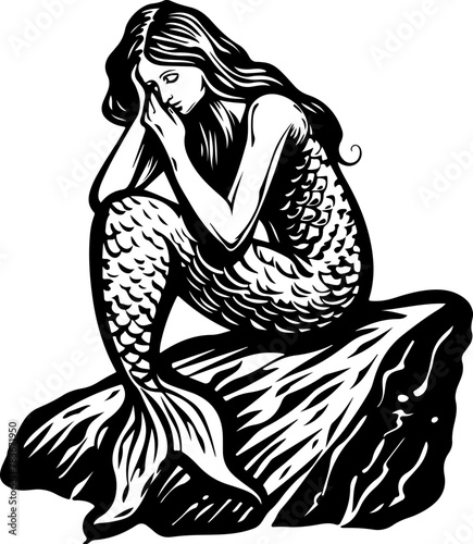 An illustration of a mermaid sitting on a rock by the sea, suitable for mythological themes or storytelling