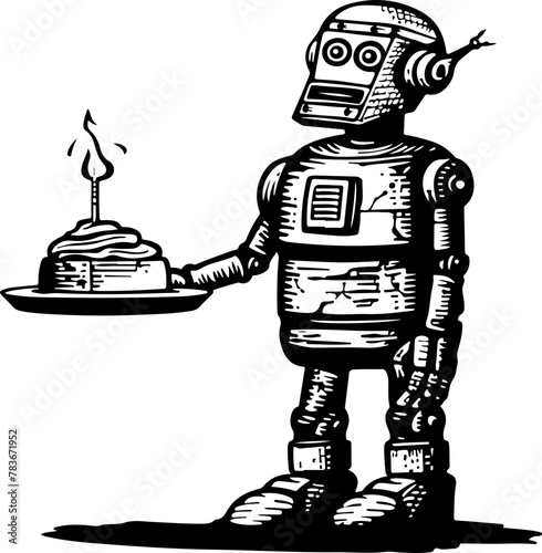 A whimsical depiction of a retro robot with a birthday cake, excellent for technology evolution and celebration themes