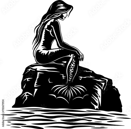 An illustration of a mermaid sitting on a rock by the sea, suitable for mythological themes or storytelling