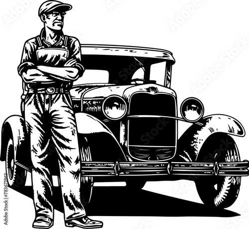 A confident man stands by a vintage car, an excellent representation for automotive history and restoration articles