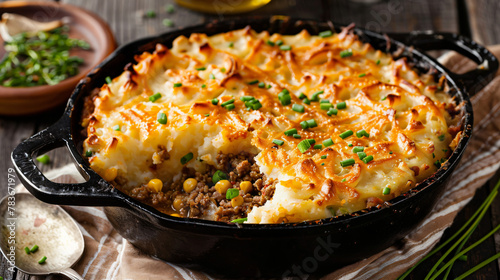 Shepherds Pie in Dutch Oven with Chives and Spoon