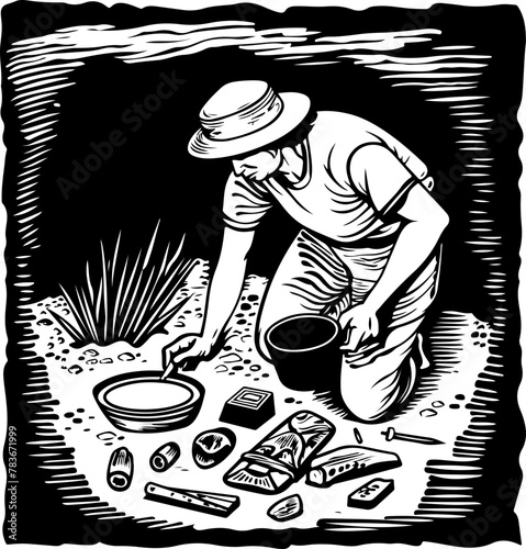 archaeologist at a dig site, meticulously uncovering artifacts, perfect for educational and historical content