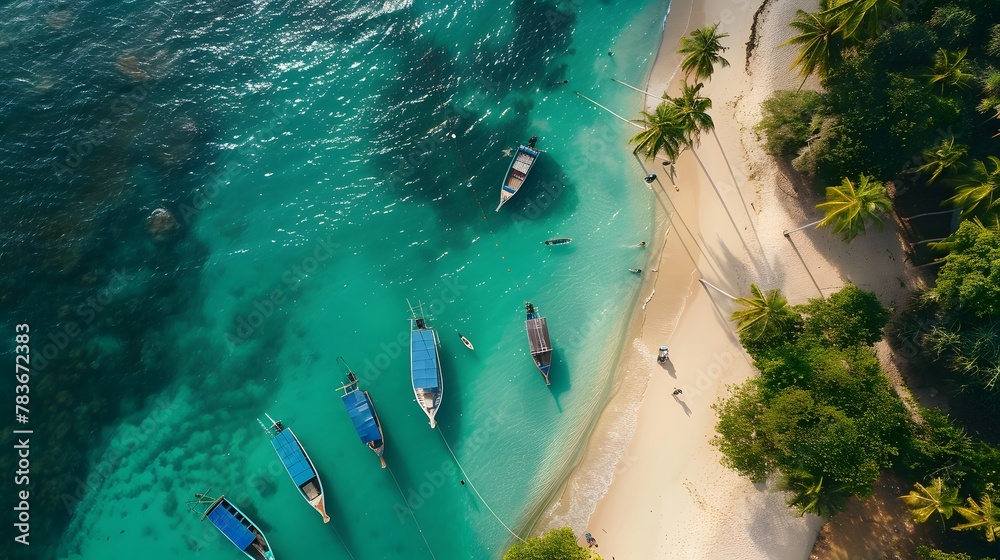 a beach with several boats and palm trees, aerial drone view, tropical background, boats in the water, an abstract tropical landscape, beautiful tropical island beach.