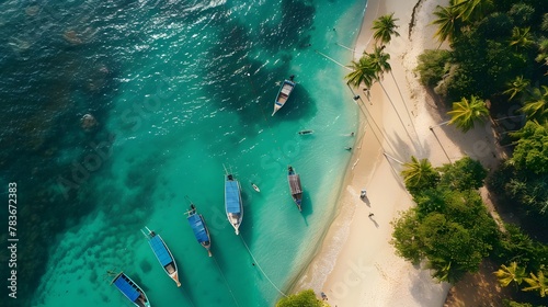 a beach with several boats and palm trees, aerial drone view, tropical background, boats in the water, an abstract tropical landscape, beautiful tropical island beach.