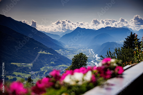 Scenic view from Mösern near Seefeld in Tyrol, Austria, overlooking the stunning Inntal valley. photo