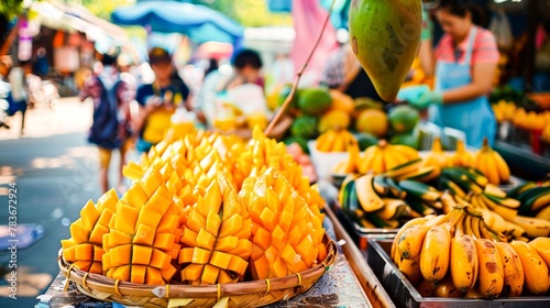 A street food scene in Thailand, with a focus on a bustling stall serving fresh mango sticky rice, capturing the vibrancy of Thai markets