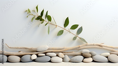 tranquil arrangement of stones and leaves on a white surface photo