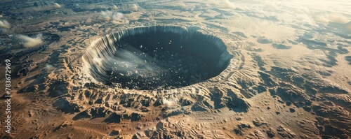 A huge crater after the fall of a meteorite in the ground.