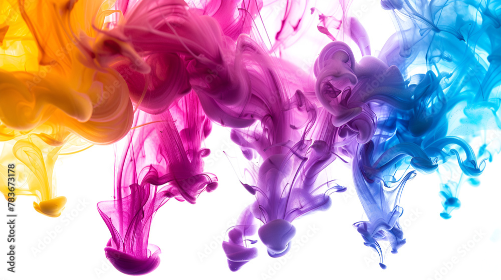 Abstract design of colorful powder cloud against white background.,Colorful paint stains. Watercolor stains on a white background. Rainbow design of different colored wet blots. 
