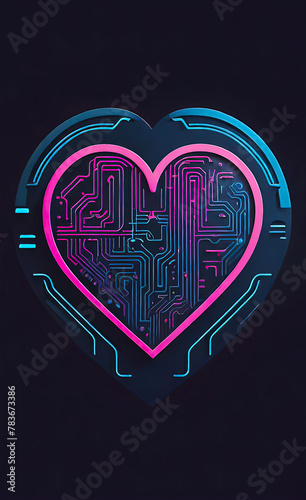 A heart with a dual theme: one half is the traditional soft red color, and the other is a green and blue outline labyrinth. The concept of the health of the heart and internal organs of a person, trea photo