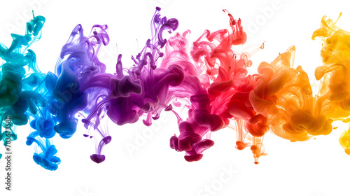 Abstract design of colorful powder cloud against white background.,Colorful paint stains. Watercolor stains on a white background. Rainbow design of different colored wet blots. 