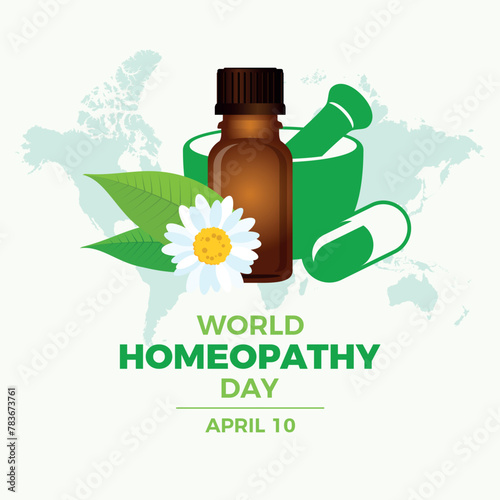 World Homeopathy Day poster vector illustration. Brown glass vial, plants, laboratory mortar and pestle icon vector. Alternative medicine symbol. April 10 every year. Important day