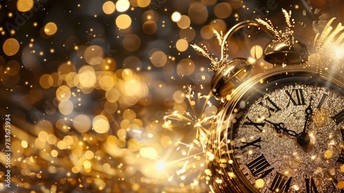 Golden New Year's Eve Countdown Clock with Sparkling Bokeh Background photo