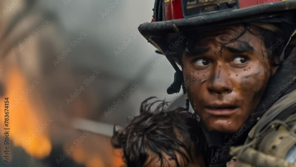 Firefighter in protective gear and helmet, engulfed in flames while battling a blaze. Face shows tension and focus amid the perilous situation, with fire raging in the background. Firefighter in protective gear and helmet, engulfed in flames while battling a blaze. Face shows tension and focus amid the perilous situation, with fire raging in the background.