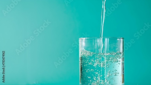 flows clear spring water into a glass cup, minimalism, turquoise background