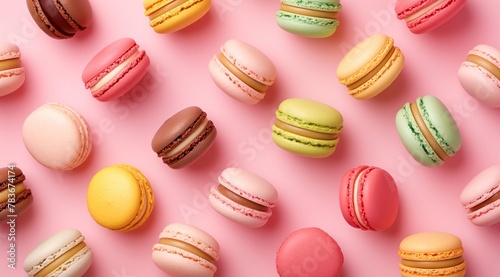 Colorful macarons on a pink background