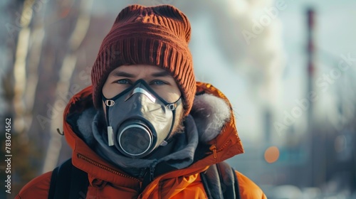 A man wearing a heavy orange jacket with a fur-lined hood and a beanie, braving the cold. He is equipped with a respirator mask, indicating the presence of pollution - AI Generated Digital Art photo