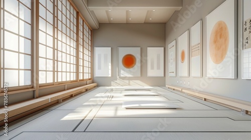 Tranquil Japanese Inspired Minimalist Tatami Room with Traditional Artwork Frames