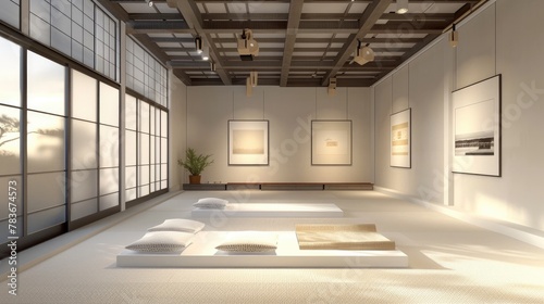 Minimalist Japanese Inspired Tatami Room with Traditional Artwork in Contemporary Setting