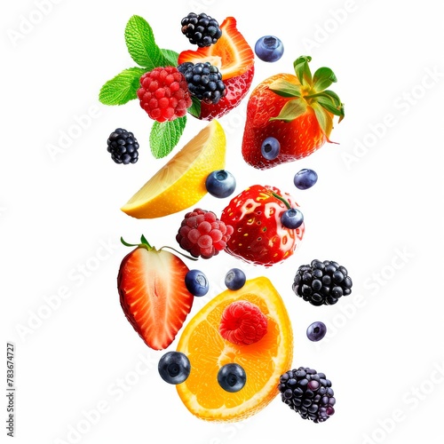 Falling fresh fruits mix with strawberry  blueberry and lemon isolated on white background. Concept of healthy eating or food design.