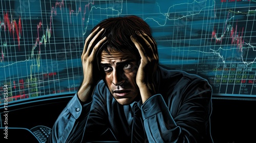 Stock market turmoil surrounds a stressed trader, a snapshot of high finance drama. photo