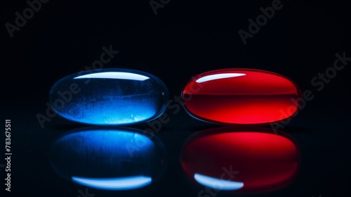 Red pill reveals harsh reality, blue pill maintains the facade, the eternal choice. photo